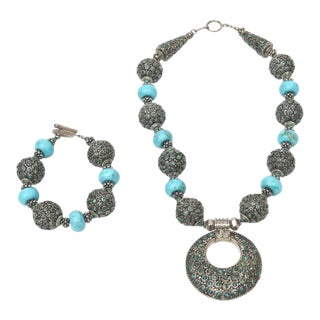 Turquoise and Silver Blackened Metal Necklace With Circular Pendant and Toggle Bracelet Indian Style Set Of For Sale