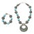 Turquoise and Silver Blackened Metal Necklace With Circular Pendant and Toggle Bracelet Indian Style Set Of For Sale