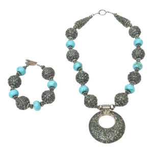 Turquoise and Silver Blackened Metal Necklace With Circular Pendant and Toggle Bracelet Indian Style Set Of