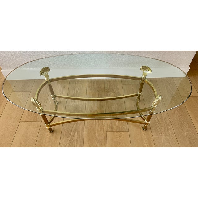 Mid 20th Century Mid 20th Century Hollywood Regency Maison Jansen Inspired Glass & Brass Shell Coffee Table For Sale - Image 5 of 12