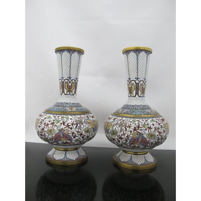 Mid 20th Century Chinese White Enamel Cloisonne Colorful Butterfly & Flower Vase Pair For Sale - Image 5 of 12