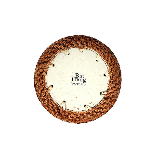 Asian Bat Trang Vietnam Rattan & Ceramic Coasters With Blue Lotus Floral Motif - Set of 6 For Sale - Image 4 of 8