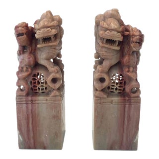 A Pair of Multi-Colored Sought-After Unused Vintage Chinese Foo Dog Seals 5" (Stamps) For Sale