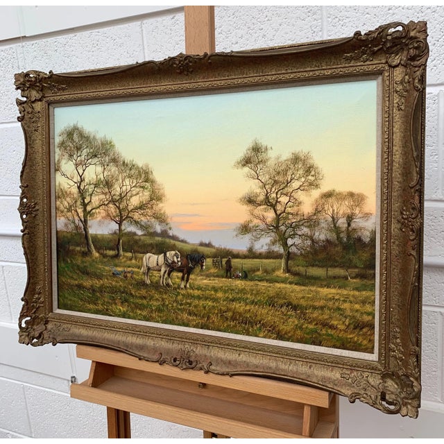 English Countryside Art - Horse Drawn Plough With Two Horses Ploughman and Dog by British Landscape Artist, 1990 Circa For Sale - Image 9 of 13