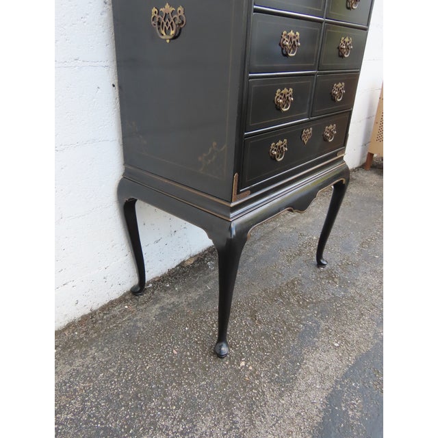 Wood Drexel Painted Black Silver Jewelry Chest Lingerie Cabinet Queen Anne Legs 6330 For Sale - Image 7 of 17
