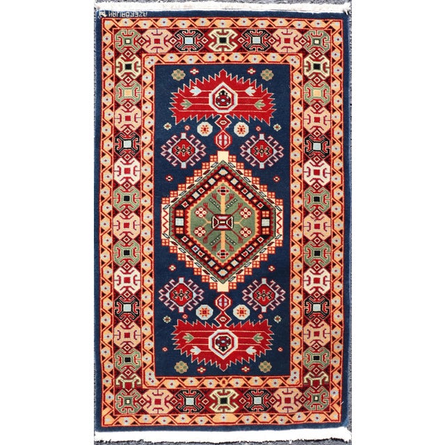 Geometric Vintage Caucasian Rug With Tribal Geometric Medallions in Blue and Red For Sale - Image 12 of 12