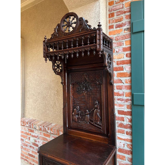 Late 19th Century Antique French Breton Hall Cabinet Tall Narrow Carved Crown Bookcase C1880 For Sale - Image 5 of 18