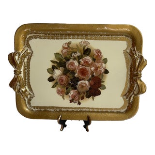 Tirinnanzi Italy Hand Painted Floral Gold Trim Bow Handles Serving Tray For Sale