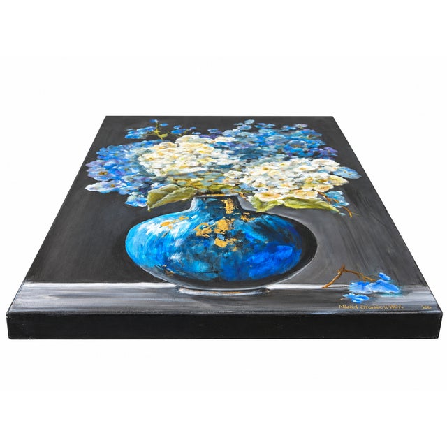 Vintage Original Signed Floral Still Life Painting of Blue Vase and Hydrangeas on Canvas For Sale - Image 4 of 7