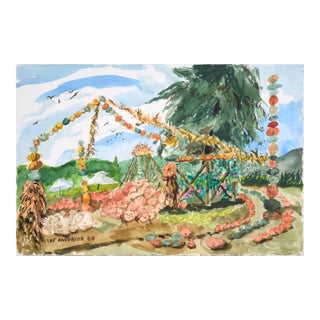 Farm in Autumn With Pumpkins in Watercolor on Heavy Paper by Les Anderson For Sale