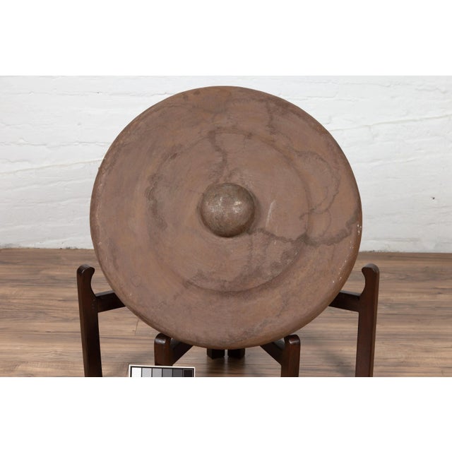 Antique Burmese Bronze Temple Gong with Red Mallet and Raised Center For Sale - Image 9 of 10