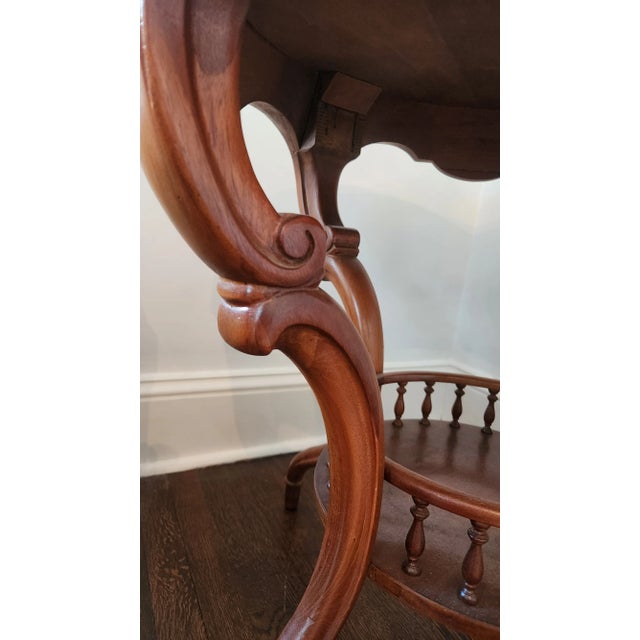 Antique Louis XV Revival Walnut Occasional Table With Inlaid Burl Top and Spindle Shelf, C. 1920s For Sale - Image 16 of 17
