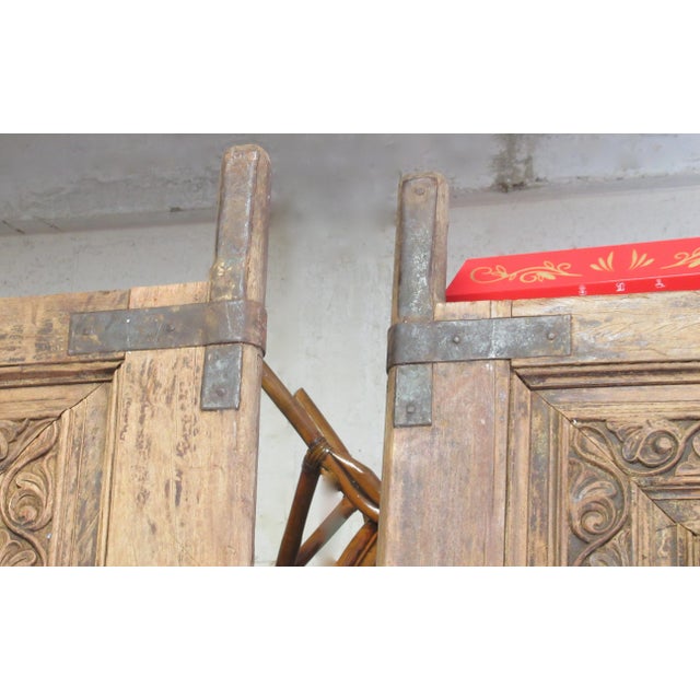 Vintage C1870's - C.1910's Imported Moroccan Large Hand Honed and Carved Wood & Iron Forged Doors - a Pair For Sale - Image 12 of 13
