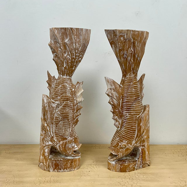 Pair of Hand-Carved Pine Fish Sculptural Bases or Console Supports, 28.5” ⸻ Description Striking pair of hand-carved fish...