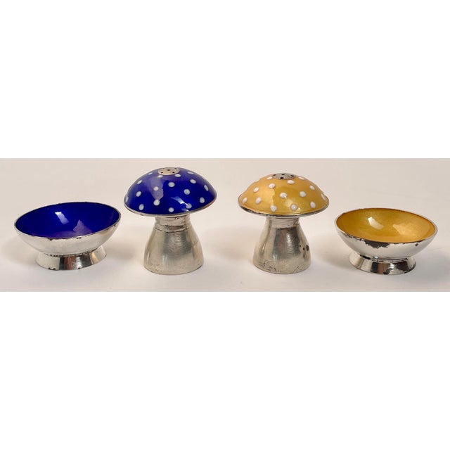 Silver 1960s Sterling Silver and Polka-Dot Enamel Mushroom Shaped Shakers and Salt Cellars - Set of Four For Sale - Image 8 of 8