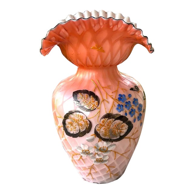 Late 19th Century Bohemian Victorian Harrach Pink/White Cased Glass Quilted Diamond Pattern Hand-Painted Floral/Butterfly Motifs Bulbous Fan Vase For Sale