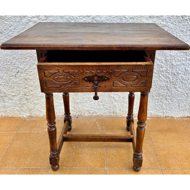 Baroque Antique Castilian Oak Side Table With One Carved Drawer, 1920s For Sale - Image 3 of 15