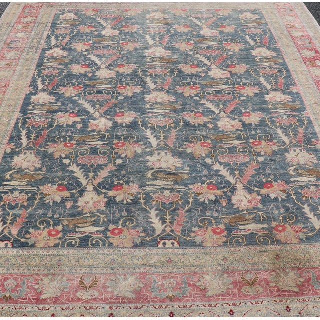 Tribal Antique Persian Tabriz Rug With Brid Design in Blue 8'8 X 12' For Sale - Image 3 of 16