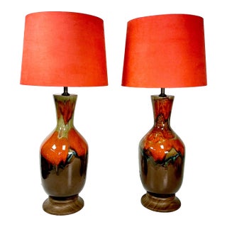 1960s Vintage Boho Chic Glazed Drip Ceramic Table Lamps - A Pair, New Shades. For Sale