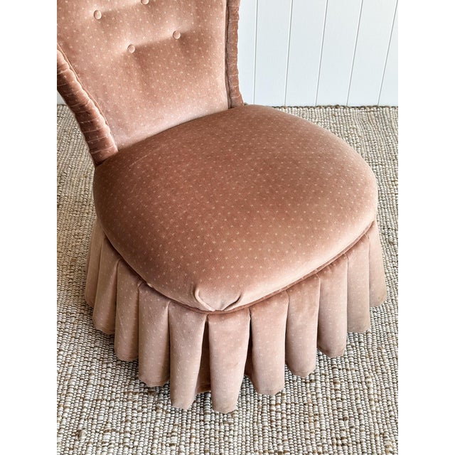 French Vintage Blush Velvet Slipper Chair With Pleated Skirt For Sale - Image 3 of 12