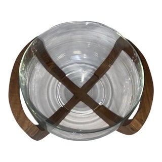 Vtg. Gailstyn Sutton Teak Wood Cradle Salad / Fruit Glass Bowl MCM For Sale
