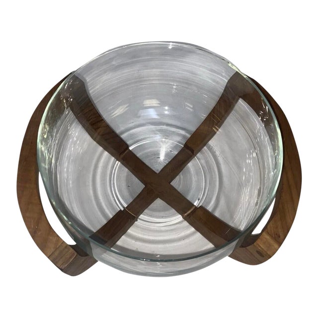 Vtg. Gailstyn Sutton Teak Wood Cradle Salad / Fruit Glass Bowl MCM For Sale