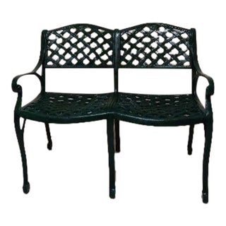 Vintage Cast Iron Patio Bench Lattice Design Green Mid Century Modern For Sale