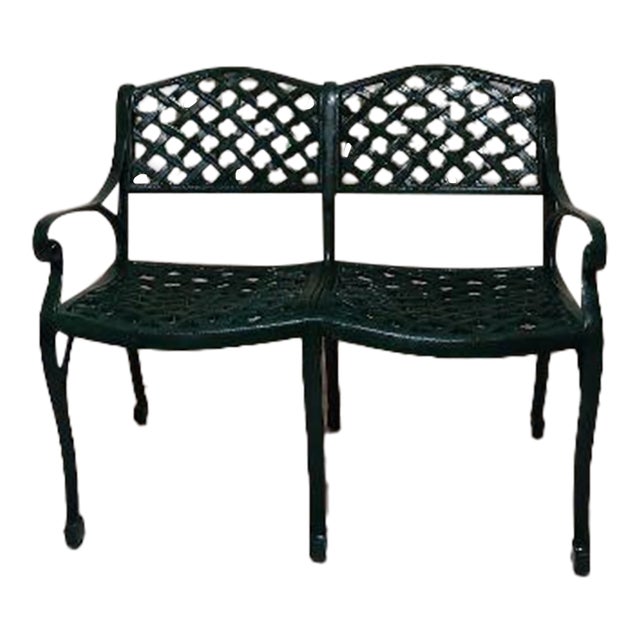 Vintage Cast Iron Patio Bench Lattice Design Green Mid Century Modern For Sale