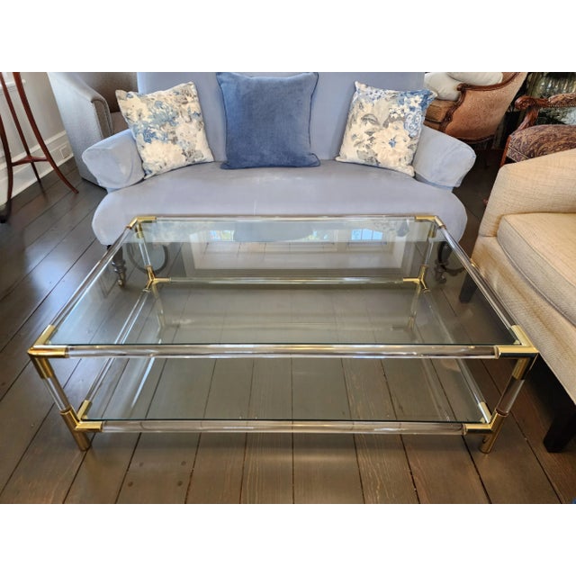 Lucite Gold Metal Glass Tiered Cocktail Table For Sale In New York - Image 6 of 12