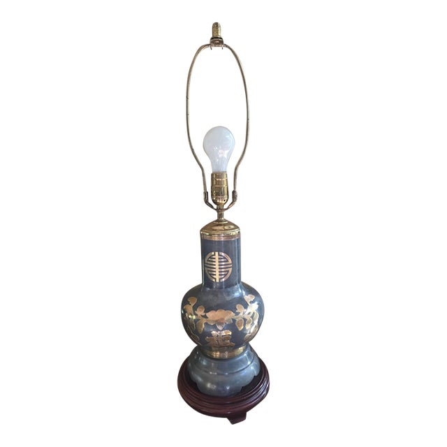 Vintage Pewter & Brass Asian Chinoiserie Jar Lamp For Sale