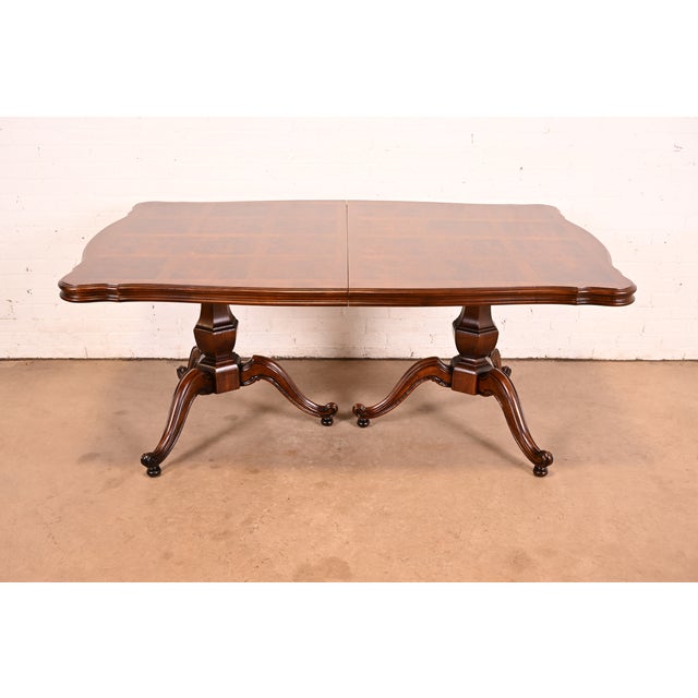 Wood Baker Furniture Style French Regency Walnut and Burl Wood Double Pedestal Extension Dining Table, Newly Refinished For Sale - Image 7 of 14