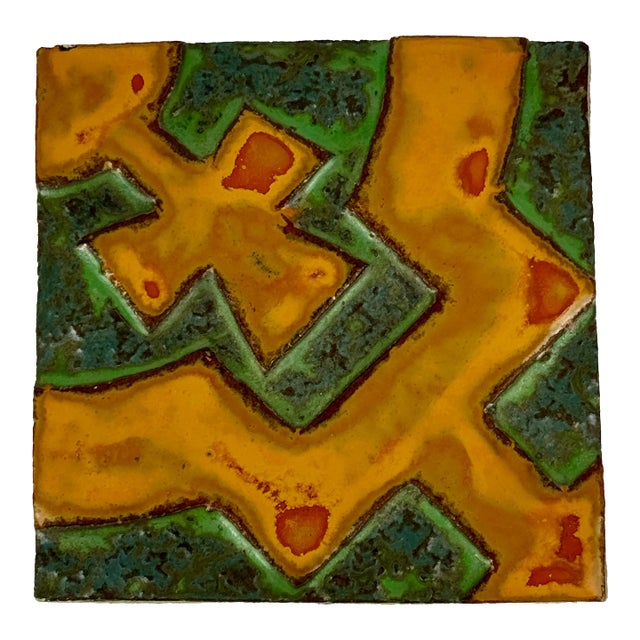 Early 20th Century Decorative American Encaustic Tile (Aetco) With Modern Design in Orange-Yellow & Green For Sale