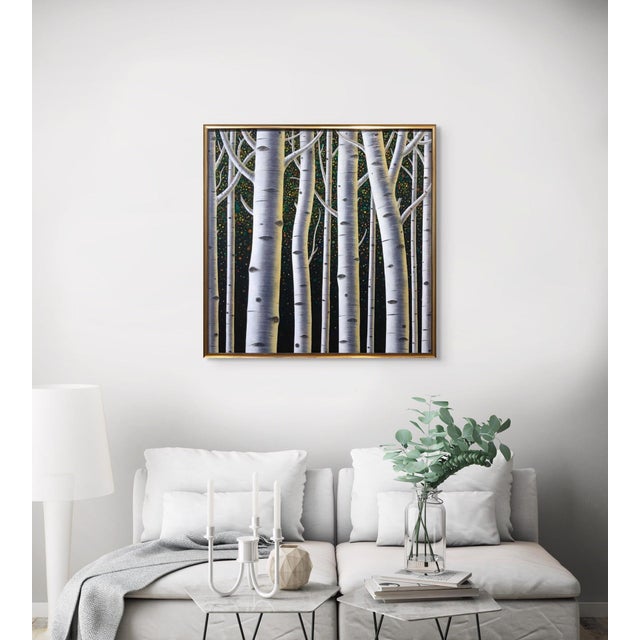 Early 21st Century Revelry by Thane Gorek | Oil on canvas Depiction of white birch trees in a colorful forest. For Sale - Image 5 of 5