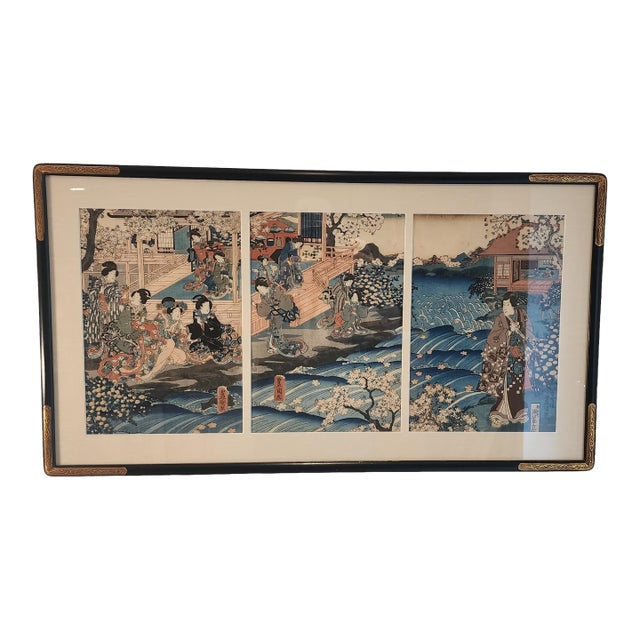 19th Century Custom Framed Utagawa Kunisada Wood Block Print For Sale