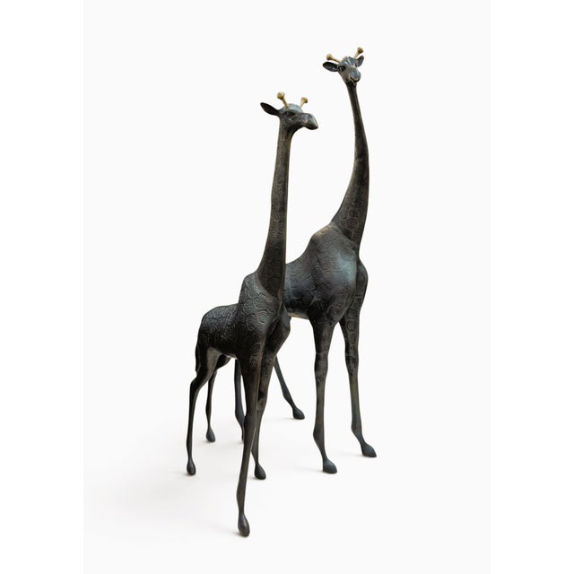 Hollywood Regency Bronze 50-Inch Standing Giraffe Sculptures, a Pair For Sale - Image 3 of 8