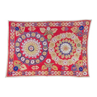 1960s Vintage Suzani Uzbek Hand Embroidered Floral Medallion Silk Samarkand Blanket Bed Throw Wall Hanging - 52” X 75” For Sale