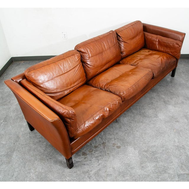 Mid-Century Modern Mid Century Danish Modern Sofa Settee 3 Seater Brown Cognac Leather Denmark MCM For Sale - Image 3 of 12
