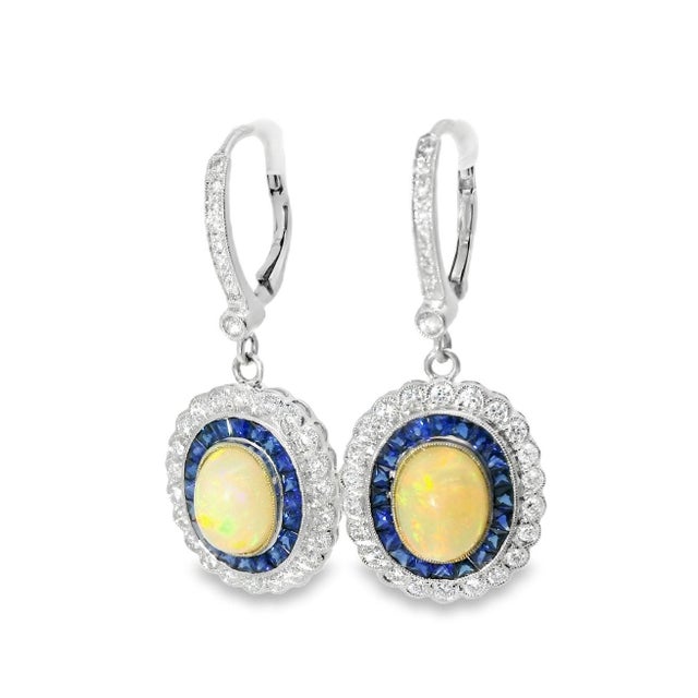 Art Deco Mid 20th Century Pair of 18k White Gold Diamond Opal Sapphire Dangle Earrings Art Deco Antique Estate For Sale - Image 3 of 4