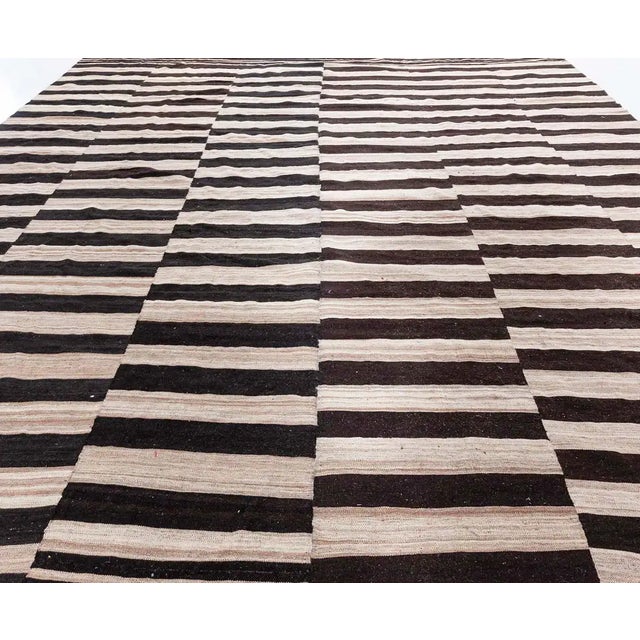 Doris Leslie Blau Vintage Striped Ivory And Charcoal Hand-Knotted Wool Rug For Sale - Image 4 of 8