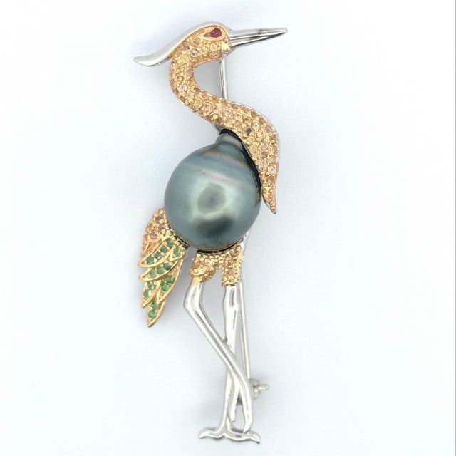 Bochic “Orient” Vintage Ruby, Sapphire & Black Tahiti Pearl Brooch Set In 18K Gold & Silver Natural Ruby & Sapphire South...