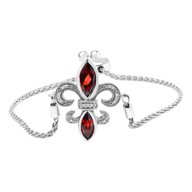 .925 Sterling Silver Marquise Garnet and Diamond Accent Lariat 4”-10” Fleur De Lis Adjustable Bolo Bracelet (H-I Color, SI1-SI2 Clarity) For Sale