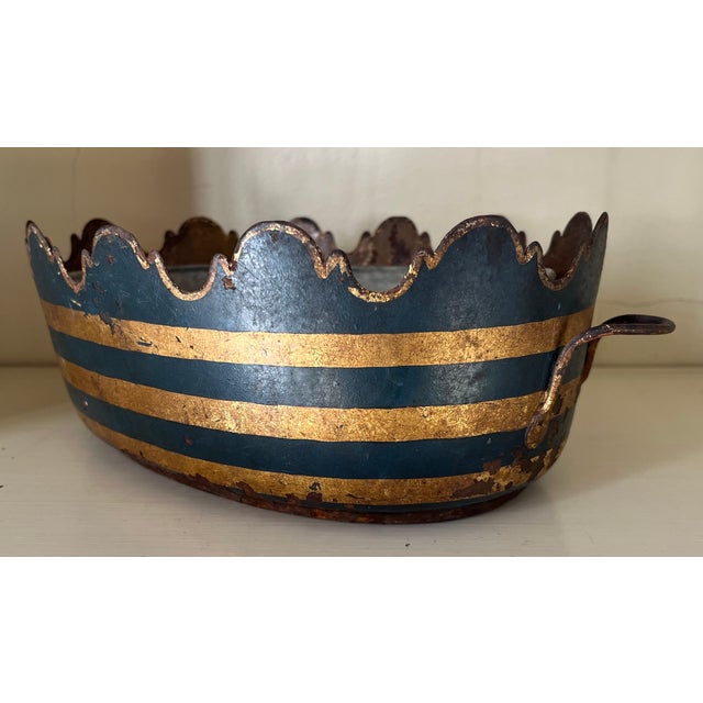 Antique early 19th century French tole monteith or jardiniere cachepot decorated with gilt bands in the neoclassical...