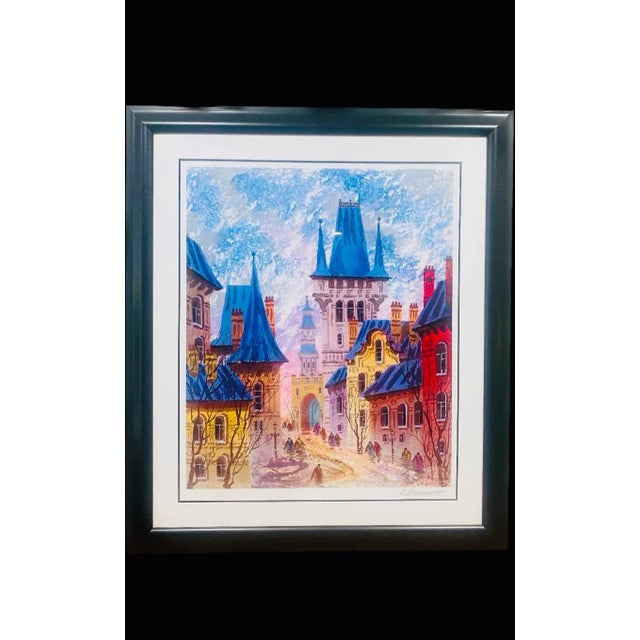 Contemporary Street of Old Prague, Anatole Krasnyanshy Large Seriolithograph,Framed and Signed in Plate. For Sale - Image 3 of 11