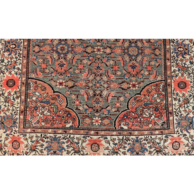 Teal Antique Persian Malayer Rug With Teal Field and Coral Spandrel Design 4'7 X 6'3 For Sale - Image 8 of 11