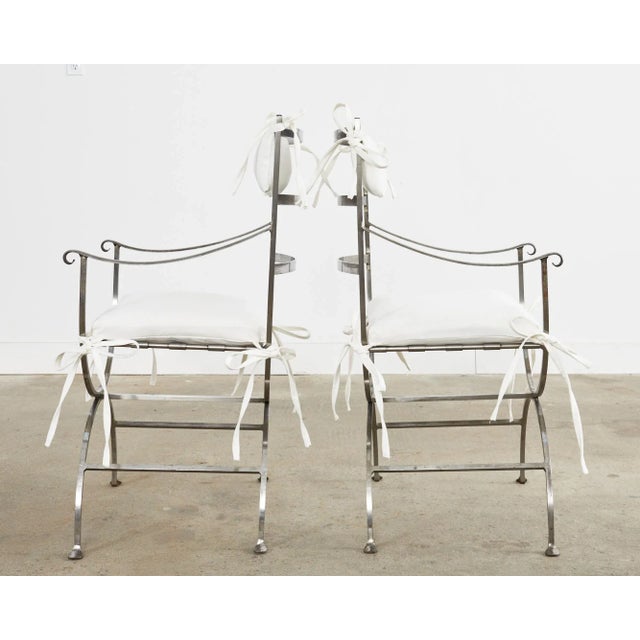 Chrome Pair of Neoclassical Style Steel Curule Garden Armchairs For Sale - Image 8 of 13