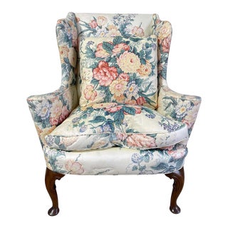 Upholstered Queen Anne Style Wingback Chair with Pad Feet, 20th Century For Sale