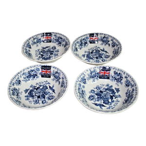 Vintage Mid-Century Modern Churchill Blue Floral Earthenware Small Soup Dessert Bowls - Set of Four