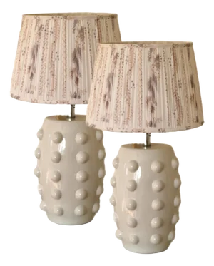 A Pair of Ceramic Knob Lamps With Cotton Pleated Shades