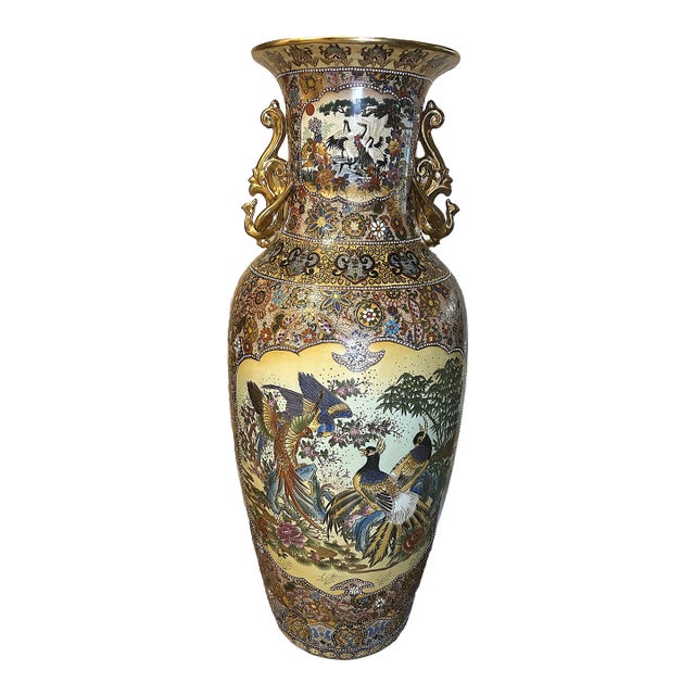 Mid 20th Century Japanese Satsuma Pottery Vase Floor Vase Porcelain or Ceramic Hand Painted For Sale