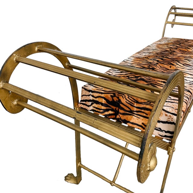 Hollywood Regency Vintage Hollywood Regency Gilt Metal Pagoda Bench With Tiger Print Upholstery and Paw Feet For Sale - Image 3 of 6